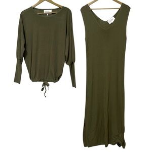 ICHI Olive Green Knit Maxi Dress And Sweater Set Size XS Relaxed Boho Laggenlook
